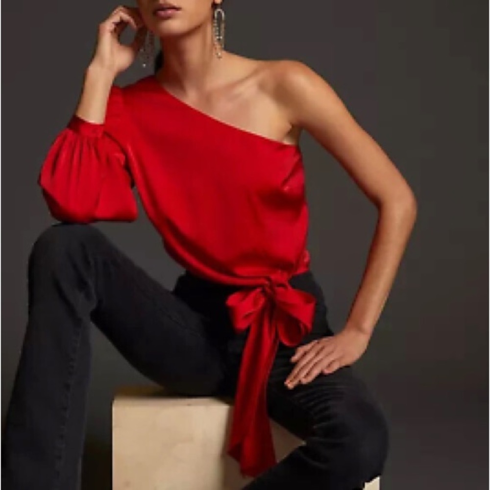 Anthropologie Mare Mare Red Bow Draped Puff Sleeve One Shoulder Blouse